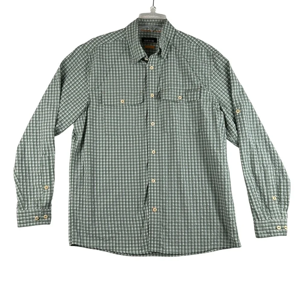 Orvis Shirt Mens Medium Green Gingham Active Fit Hiking Fishing Long Sleeve